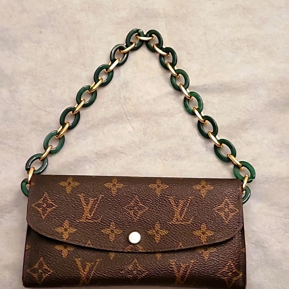 Louis Vuitton wallet green interior with unbranded green and gold chain